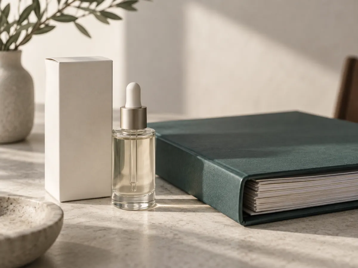 Flacon de sérum sans marque, étui uni et dossier vert foncé sur une table de travail