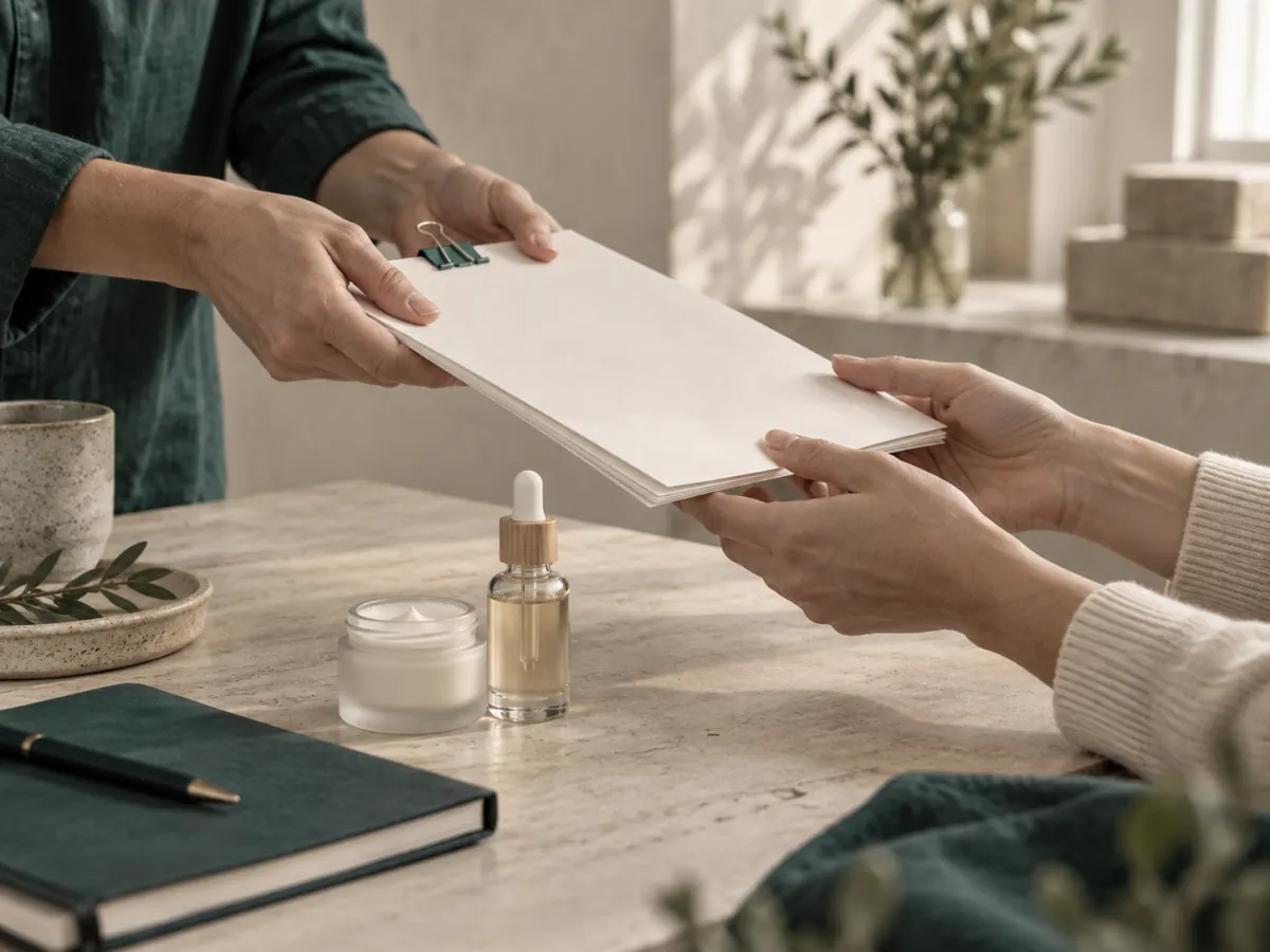 Hands passing a clipped stack of papers beside two unbranded cosmetic products
